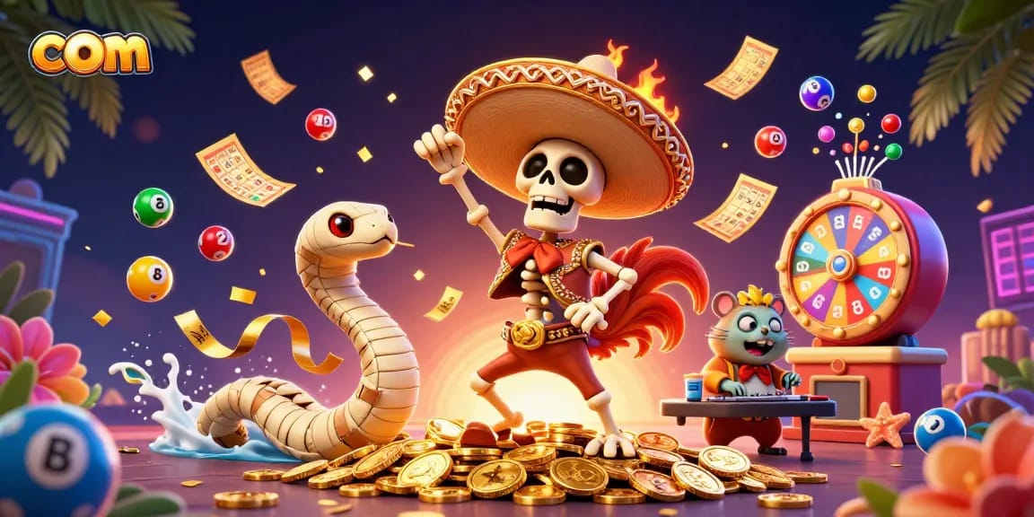 Experience thrilling action at com, featuring a festive skeleton and dynamic lottery elements in a vibrant casino scene.