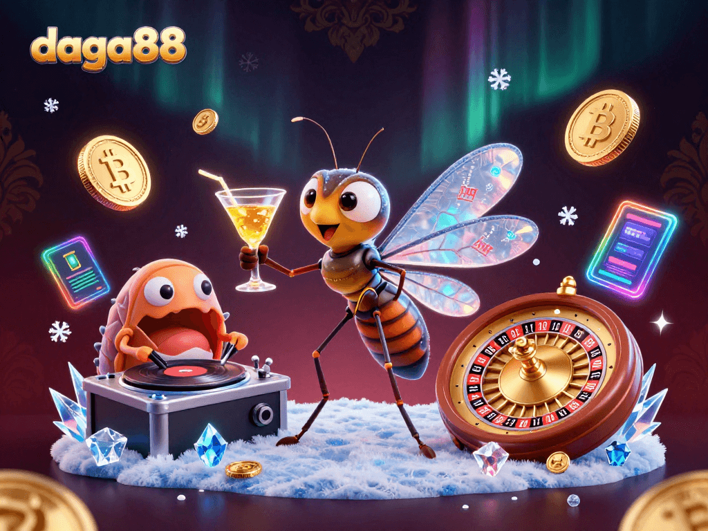 Engage with daga88, watching the vibrant 3D illustration of a unique casino atmosphere infused with crypto elements.