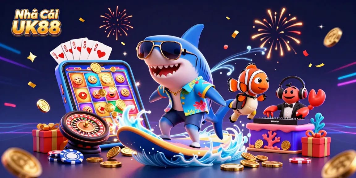 Engage with Nhà Cái UK88 as a colorful 3D carnival of gaming featuring lively characters and dynamic casino elements.