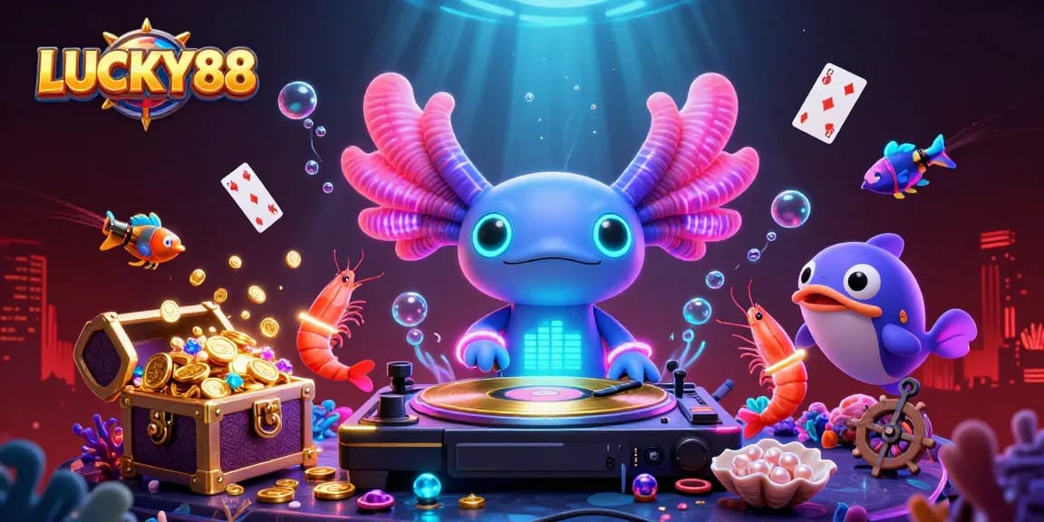 Experience LUCKY88 gaming with vibrant underwater scene featuring DJ, dancing shrimp, and treasure chest.