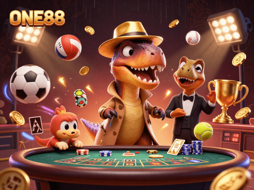 Engage with ONE88 through a vibrant 3D scene of playful dinosaurs at a blackjack table, showcasing betting excitement.
