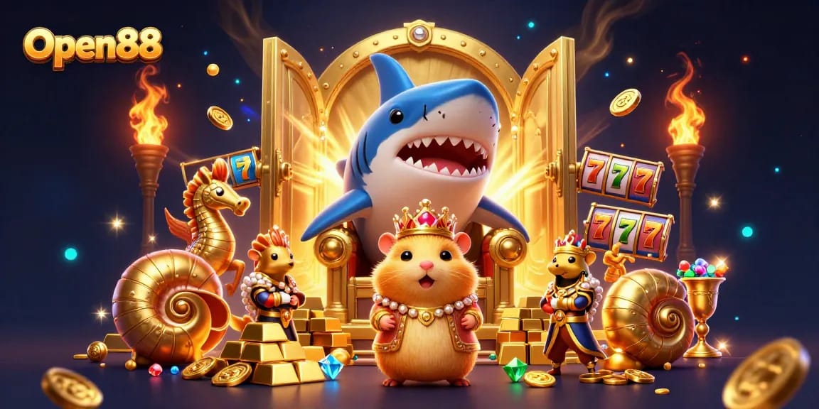 Open88 showcases a golden hamster king gaming in a treasure-filled kingdom, surrounded by slot elements.