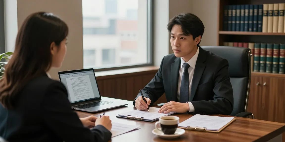 Engaging legal consultation scene showcasing a lawyer assisting a client in a professional office setting on a webpage.