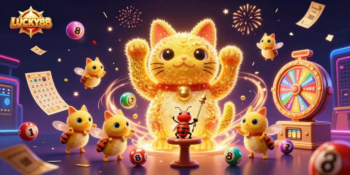 Experience the thrill of LUCKY88 with a vibrant 3D lottery and casino celebration illustration.