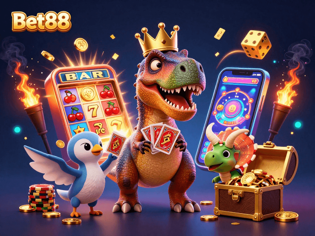 Experience the fun of Bet88 with a friendly T-Rex, card games, and vibrant casino elements.
