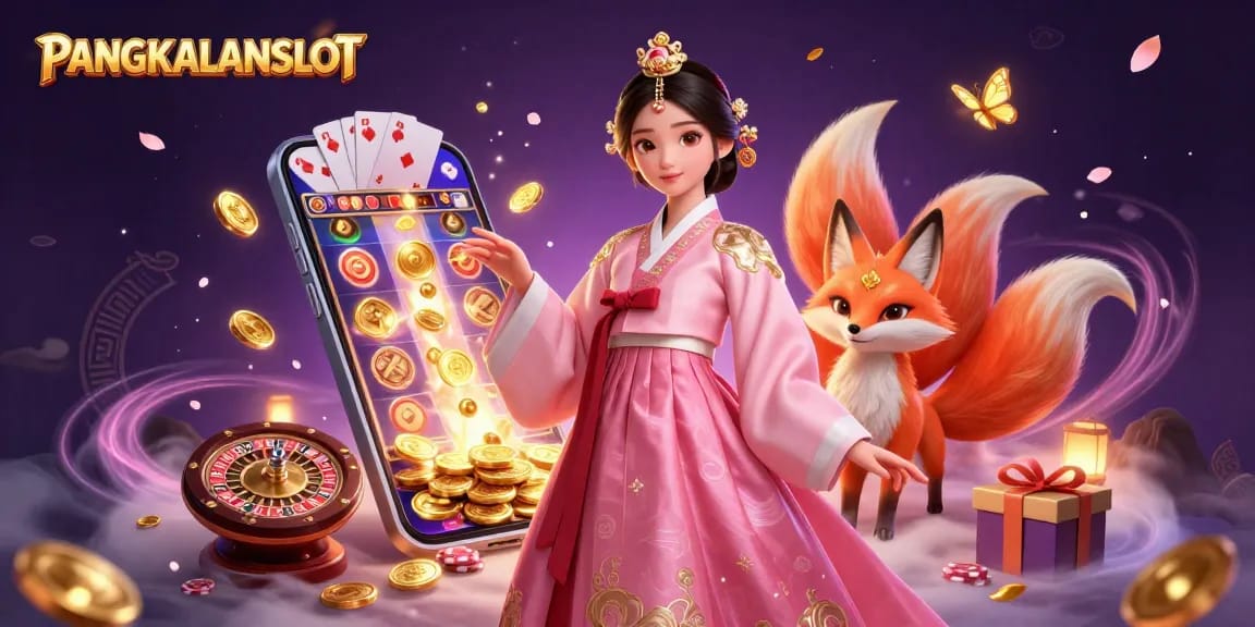 PANGKALANSLOT showcases a vibrant slot game scene featuring an Asian woman and a lucky fox.