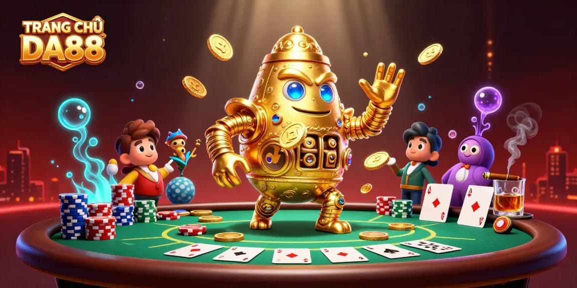 Experience dynamic gaming action at TRANG CHỦ DA88 with lively poker elements and golden golem character.
