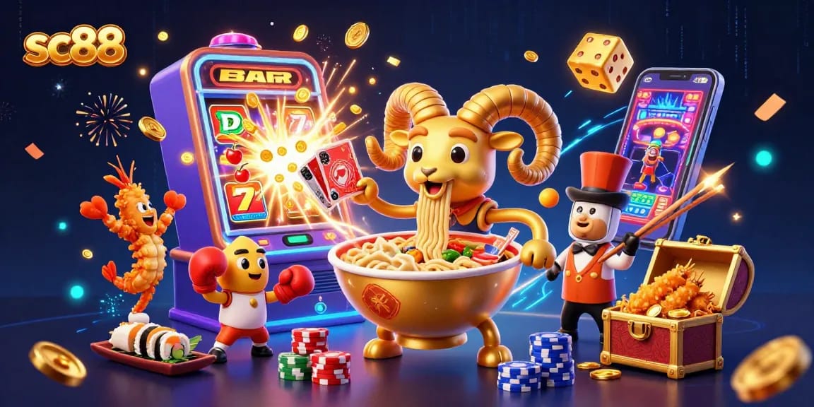 sc88 casino illustration features a giant ramen bowl dealer with vibrant action elements.