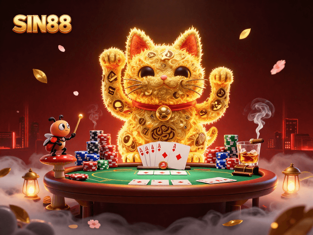 SIN88 showcases a dynamic scene featuring golden fireflies as a lucky cat amid poker elements and vibrant casino decor.