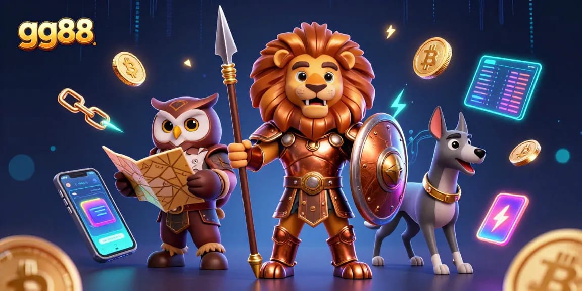 Win big with gg88 in this vibrant 3D casino illustration showcasing thrilling games and crypto elements.