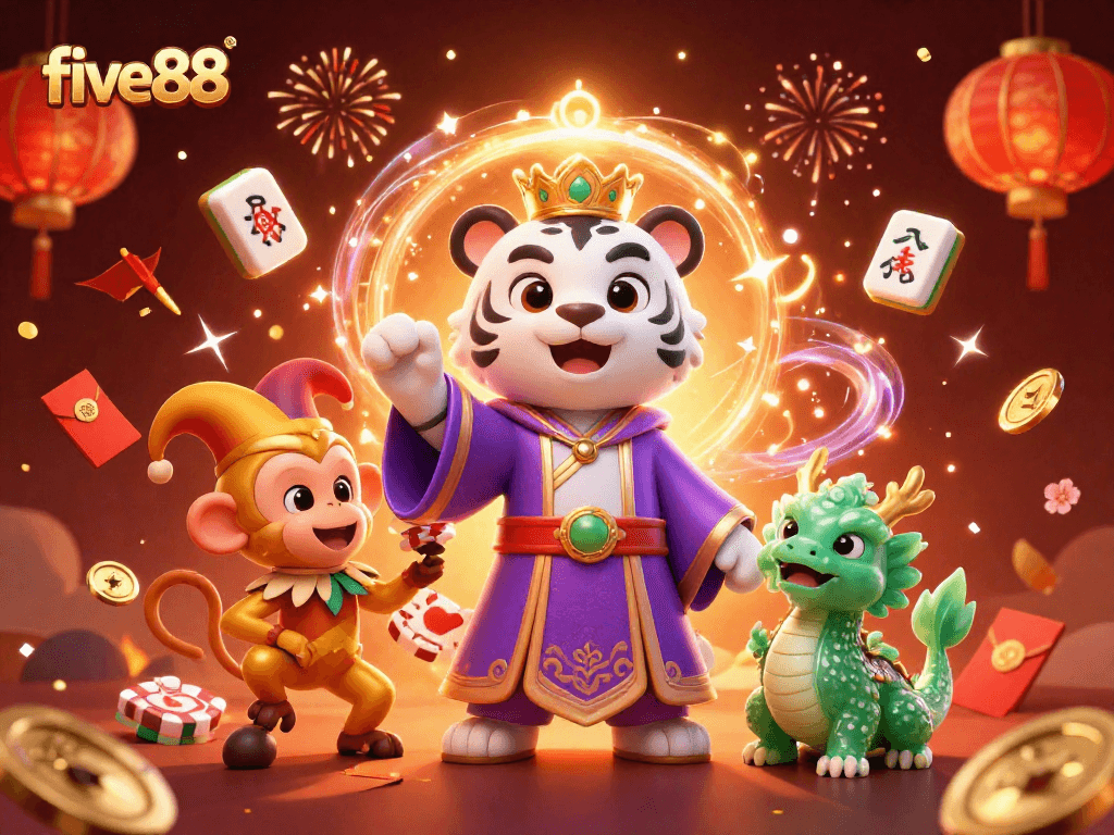 Experience the thrill of five88 with a dynamic 3D casino illustration featuring a royal tiger, playful monkey, and jade dragon.
