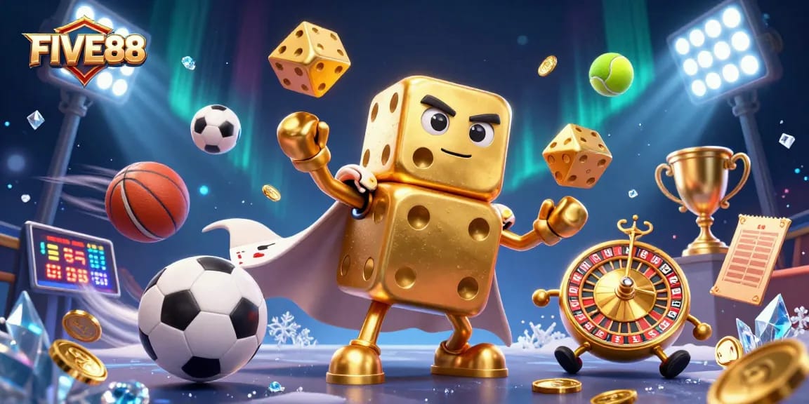 Experience the thrill of betting with FIVE88's vibrant 3D casino elements, showcasing dynamic sports action and golden dice.