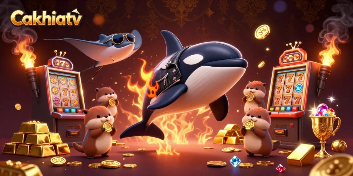 Cakhiatv showcases an orca jumping with gold coins and slot machines, captivating casino enthusiasts.