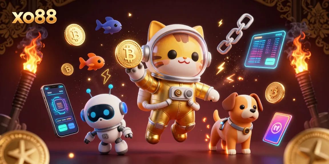 Experience the vibrant gaming world at xo88 with a captivating 3D illustration featuring cosmic characters and crypto elements.