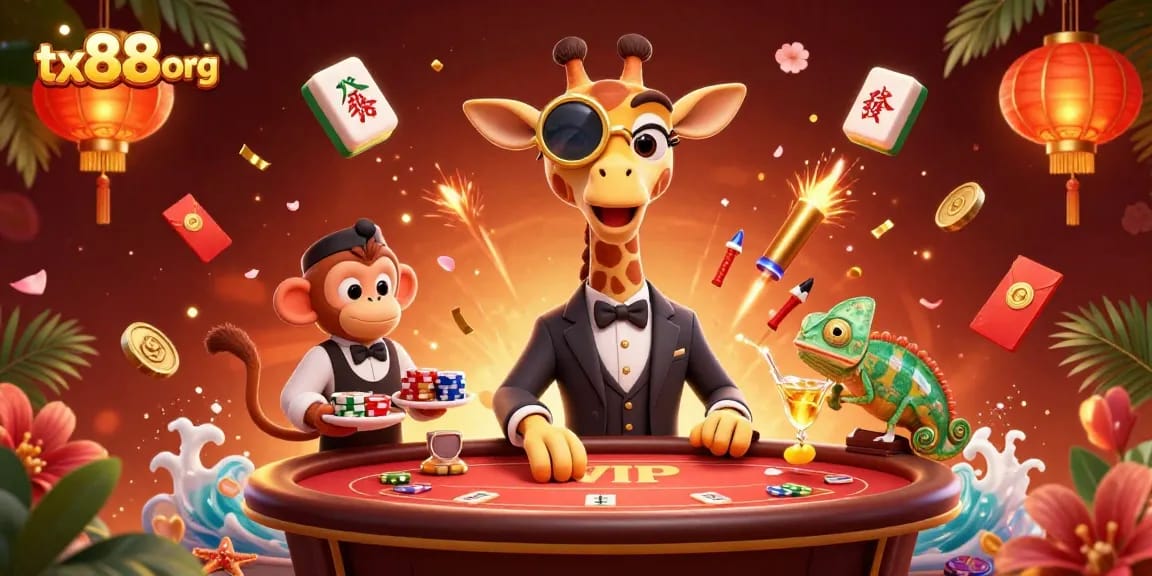 Experience an engaging game moment at tx88org with a high-roller giraffe enjoying a VIP poker game.