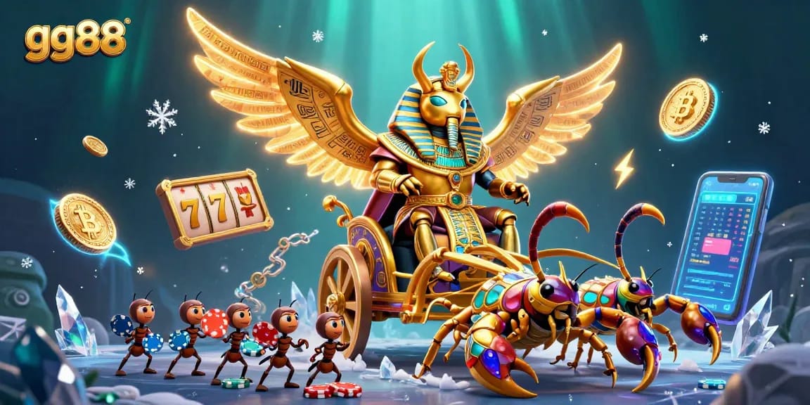 Engage with gg88's casino experience featuring golden beetle chariot alongside jackpots and crypto elements.