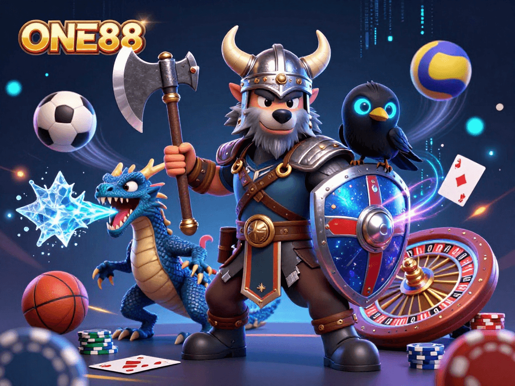 Experience thrilling bets with ONE88 through a captivating 3D casino illustration showcasing dynamic gaming elements like chips and cards.