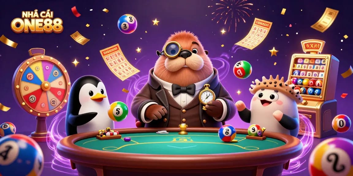 Join the fun at NHÀ CÁI ONE88 with a jolly walrus, sophisticated dealer, and a bluffing pufferfish!