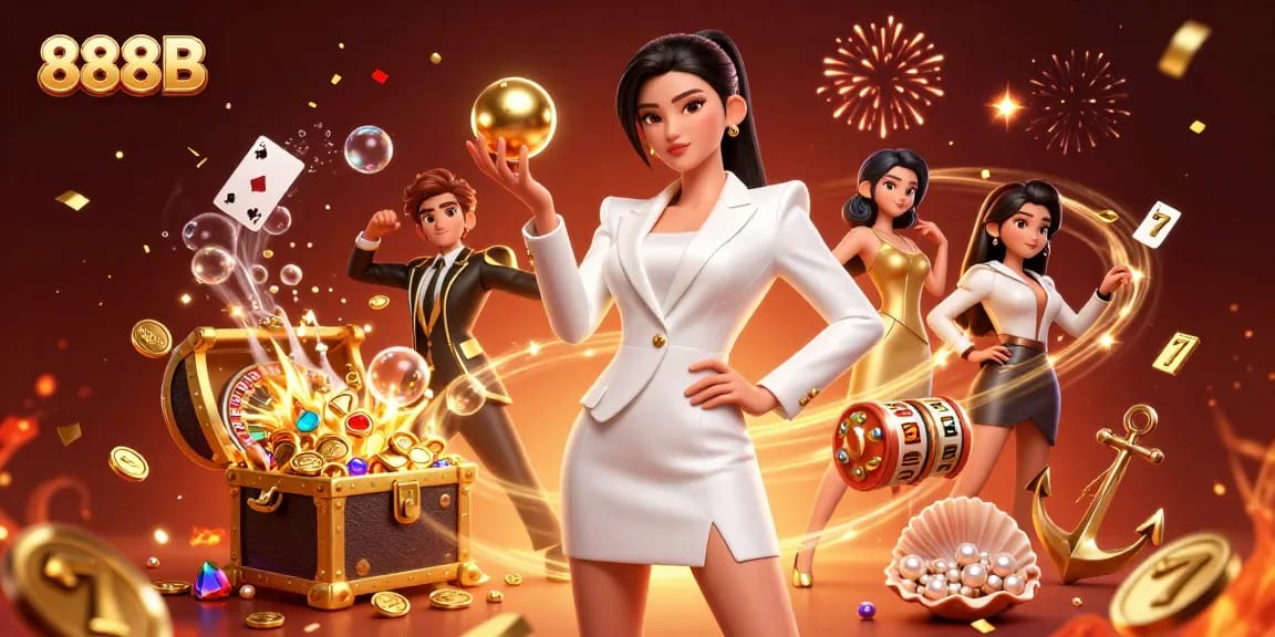 Engage with 888B in an exciting casino scene showcasing a glamorous woman amidst vibrant slot and roulette elements.