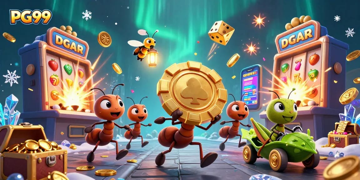 Ants carrying a giant poker chip in a lively PG99 casino scene bursting with colors and excitement.