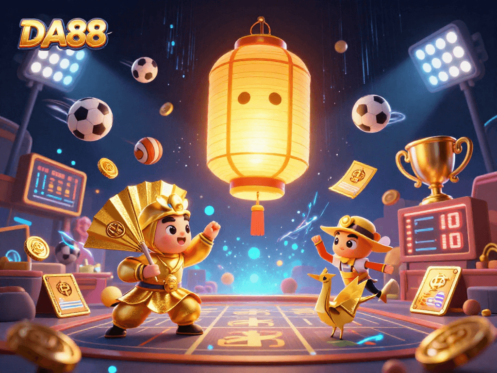 Experience the excitement of DA88 with golden lanterns and dynamic casino games in a vibrant scene.