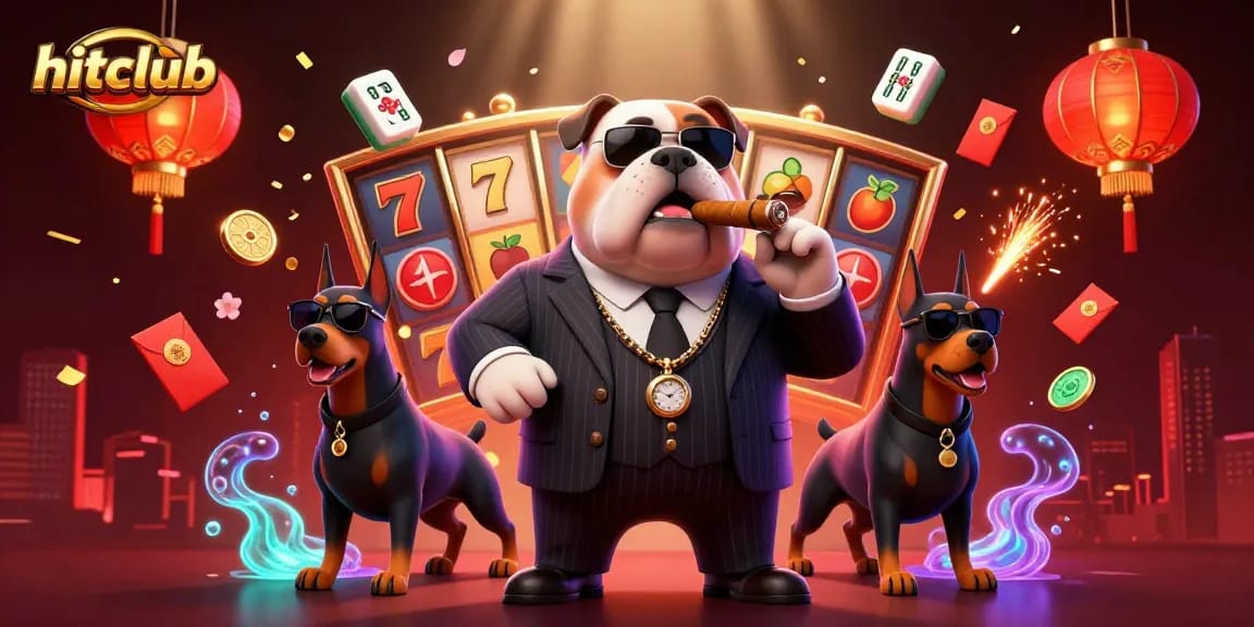 Hitclub showcases vibrant 3D scene with jackpot slots, mafia characters, and festive elements.