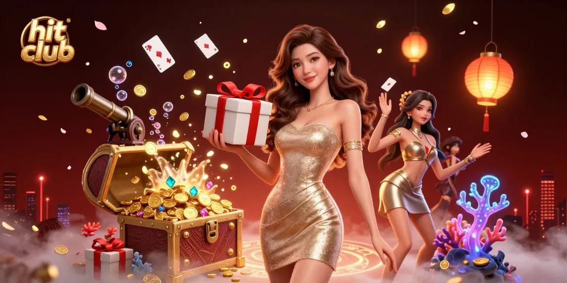 Experience thrilling gameplay at hit club with a glamorous Asian woman celebrating Lunar New Year amidst golden casino treasures.