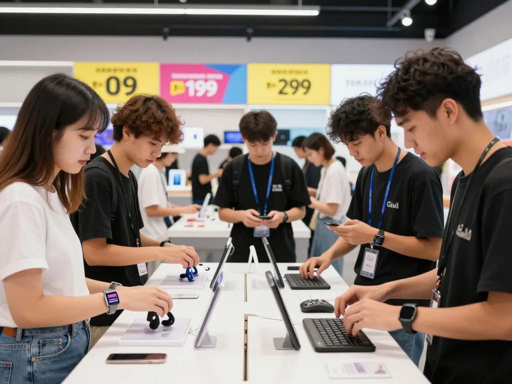 Exploring affordable tech gadgets in vibrant retail setting with friends.