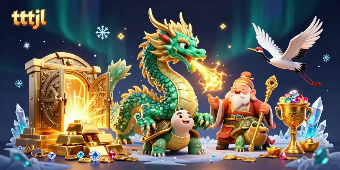 Experience thrilling tttjl moments with a dynamic dragon, turtle sage, and lucky cranes in this vibrant casino illustration.