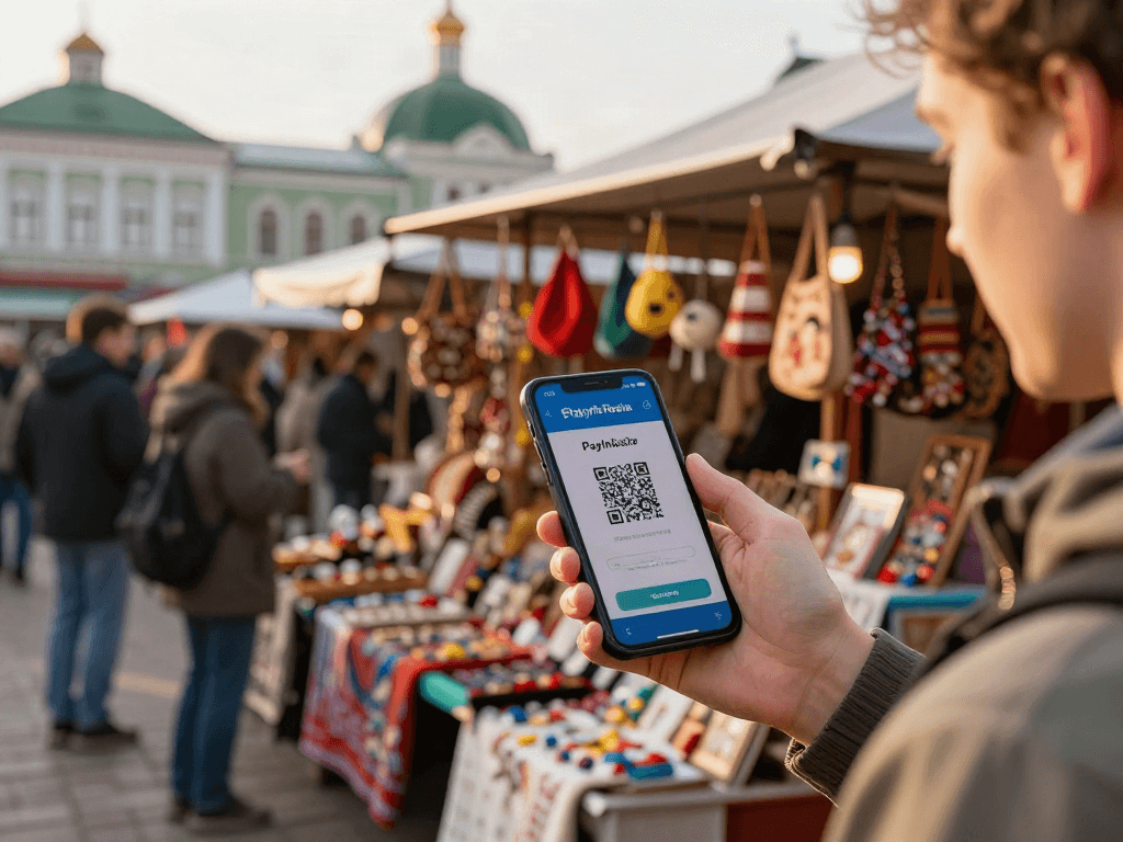 PayInRussia uygulaması ile Rus pazarında ödeme yapan turist, geleneksel mimari ve renkli tezgahlar içinde.