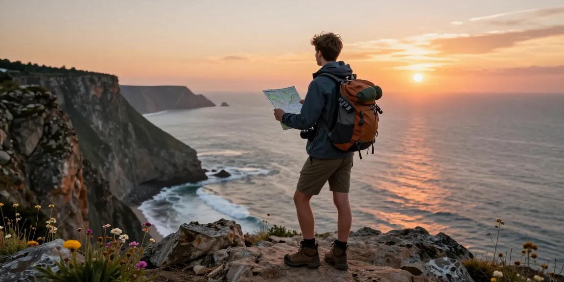 Youthful adventurer exploring the ocean cliffs with rokok88 travel gear during a stunning sunset