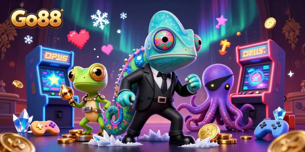 Go88 game environment showcasing unique characters navigating vibrant arcade machines and casino elements.