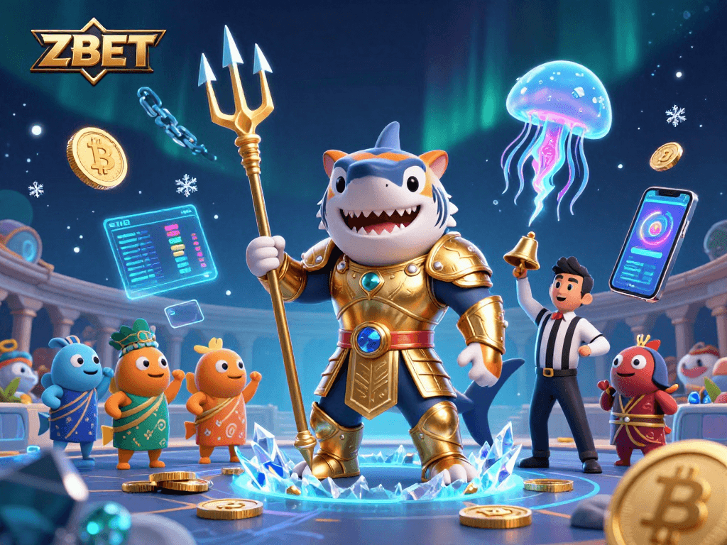 Experience thrilling gameplay at ZBET with a powerful shark in gladiator armor in an underwater casino scene.