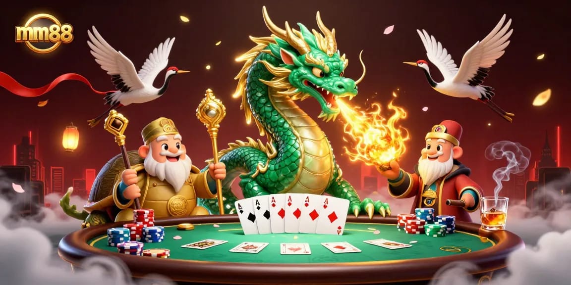 Play poker with the vibrant mm88 theme featuring a jade dragon and more in a casino.