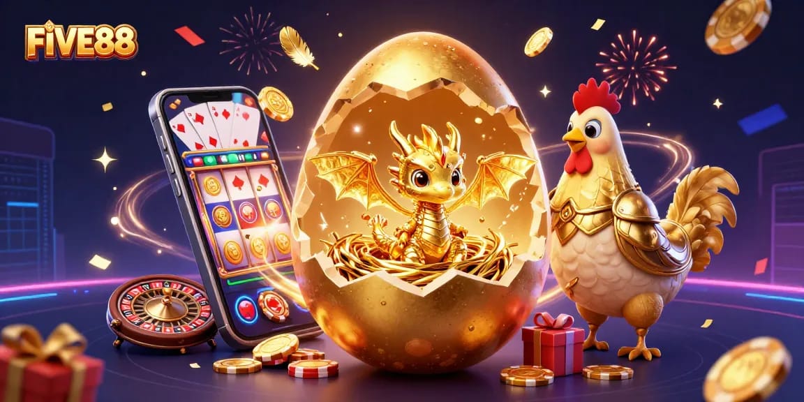 Experience the dynamic FIVE88 casino world with a golden dragon and festive gaming elements.