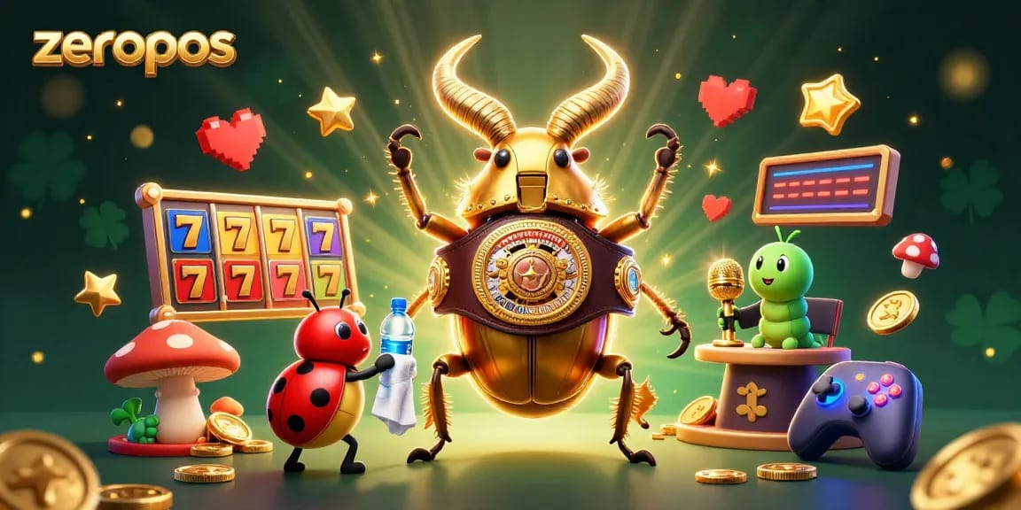 Engage the excitement of zeropos with a dynamic casino-themed scene featuring charismatic insect characters.