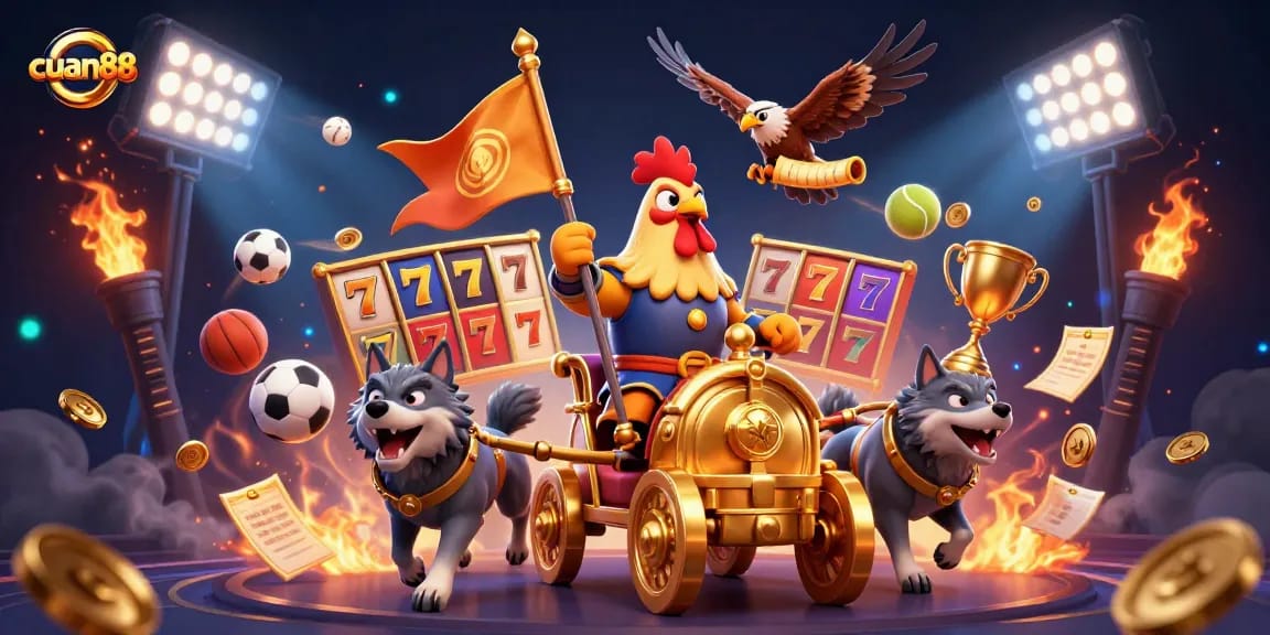 Meraih kemenangan di cuan88 dengan chariot emas, simbol slot, dan koin emas yang melimpah.