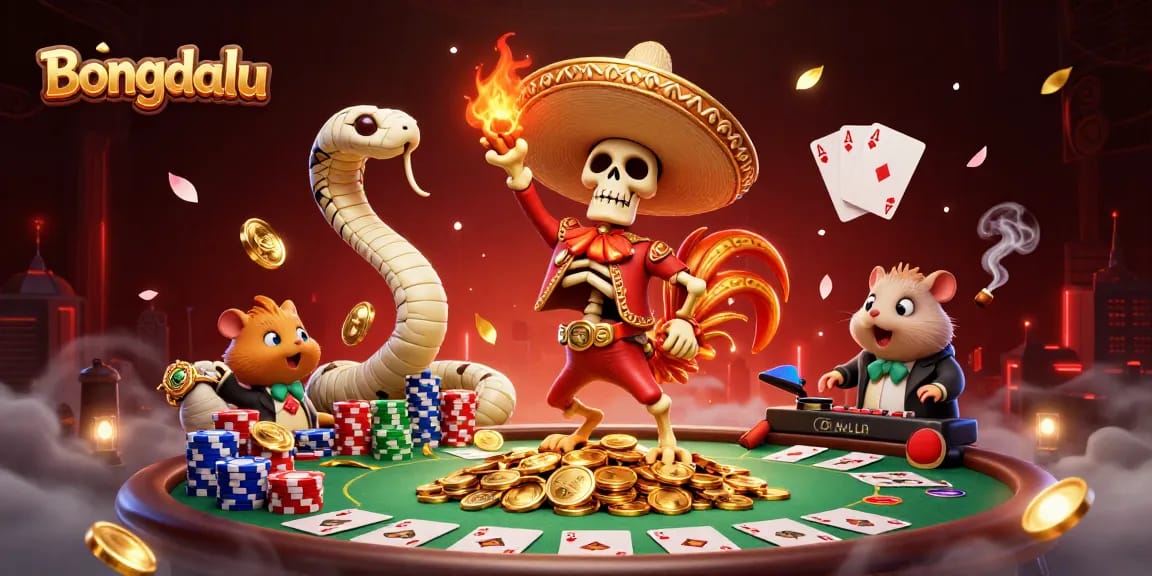 Bongdalu showcases a skeleton mariachi dancing on coins with poker elements around in a vibrant casino scene.