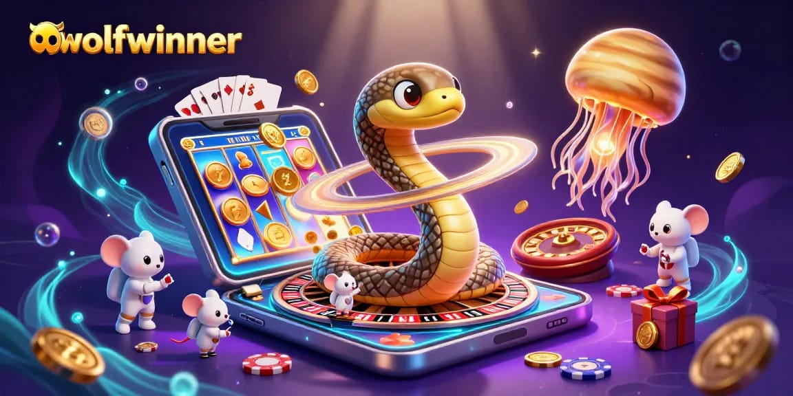 Bet and win at wolfwinner with vibrant cosmic gameplay featuring a roulette snake and astronaut mice.