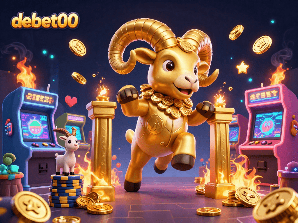 Engage with debet00's thrilling games featuring a golden ram surrounded by dynamic casino elements.