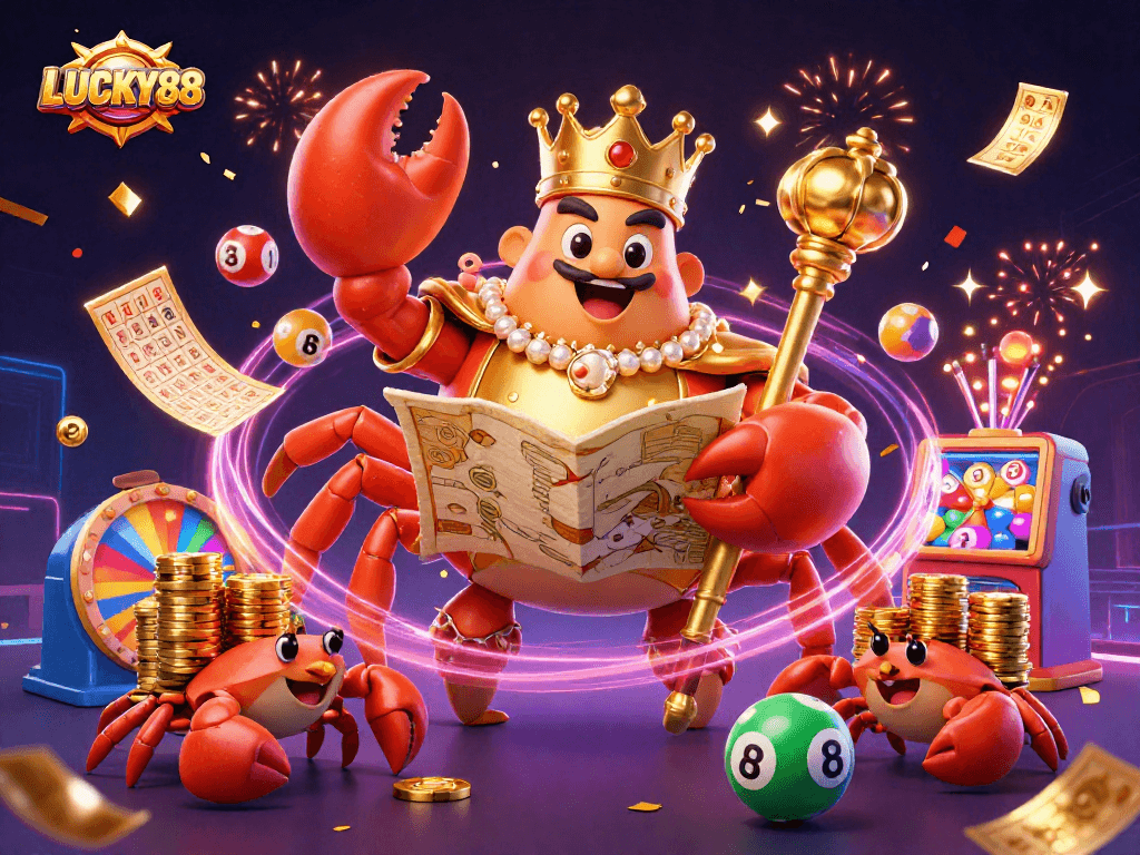 LUCKY88 showcases an extravagant scene with a giant golden crab holding a scepter, surrounded by vibrant lottery elements.