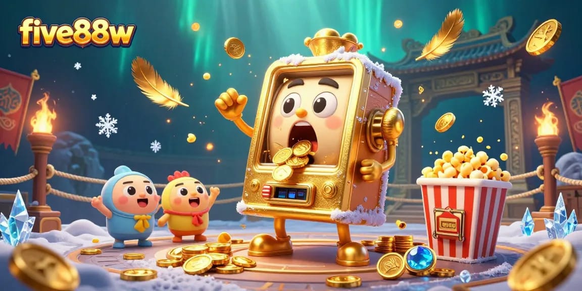 five88w reveals a golden slot machine hitting a jackpot in a vibrant casino scene filled with cheering machines and gold coins.