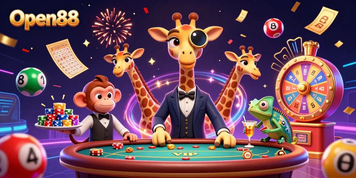 Experience dynamic fun at Open88 with a lively scene of cartoon characters and gambling elements.