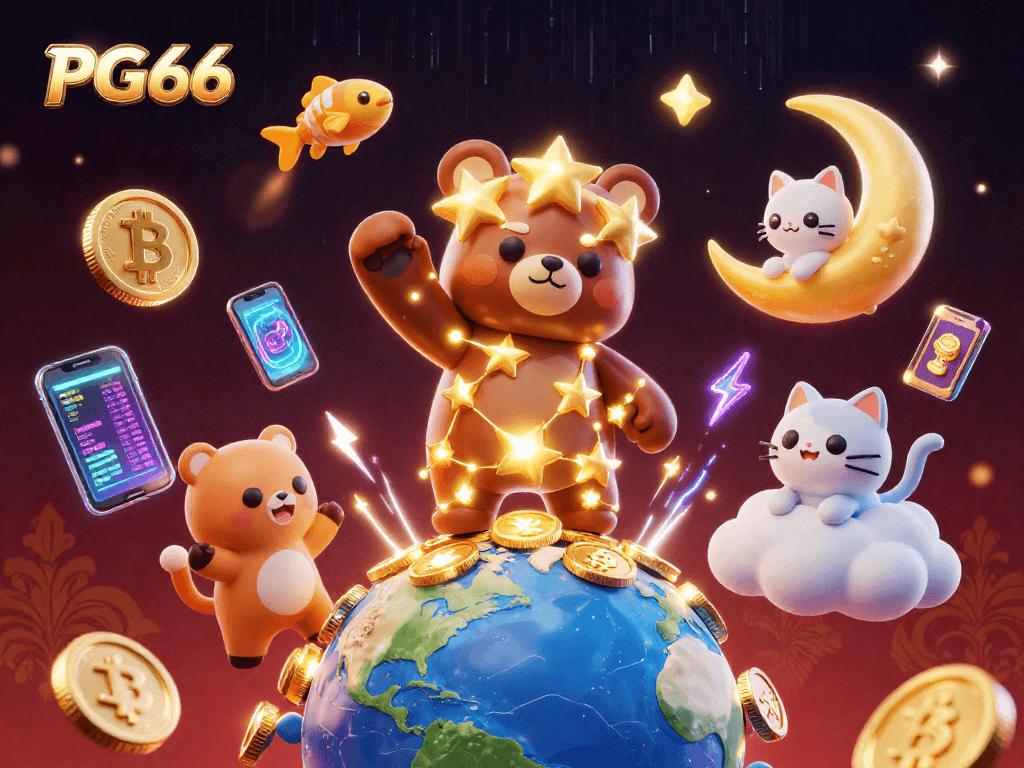Experience winning moments at PG66 with vibrant 3D characters and crypto-themed casino elements.