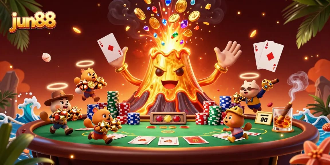 Experience explosive winnings at jun88 with a triumphant golden volcano and treasure-harvesting explorer animals.