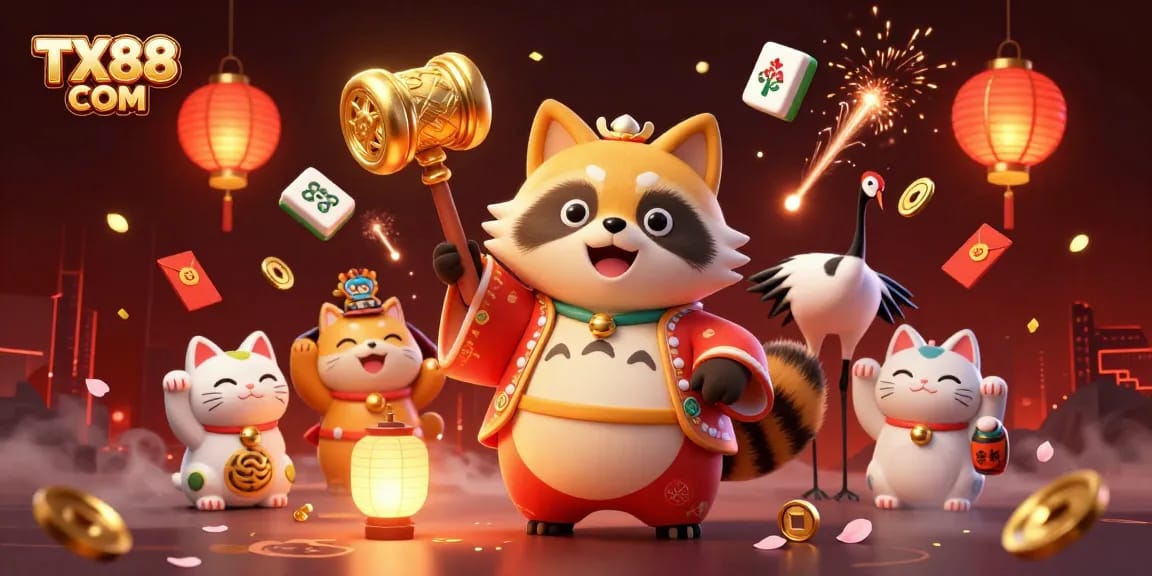 Engage with vibrant gaming luck at TX88 COM's festive online casino scene featuring lucky symbols and lively characters.