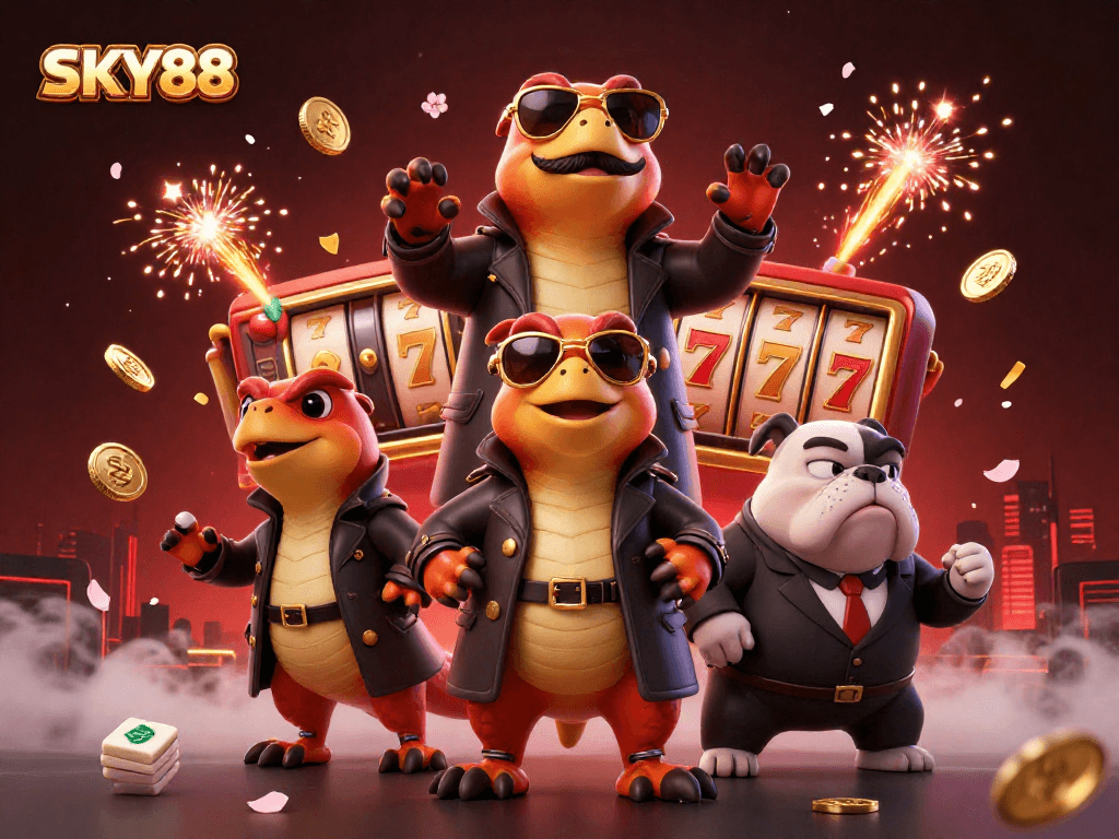 SKY88 showcases thrilling slots and vibrant casino elements in an engaging illustration.