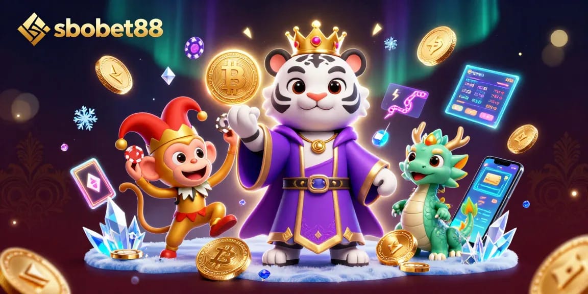 Sbobet88 showcases a vibrant 3D scene with a majestic tiger and playful monkey amidst rich casino elements