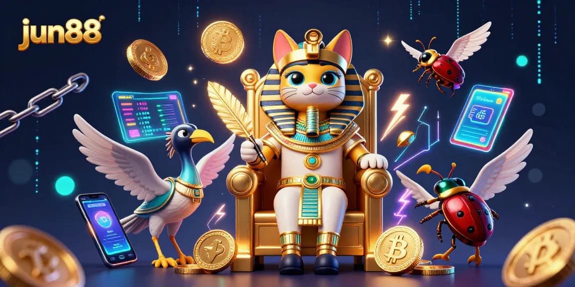 Experience thrilling gaming adventures at jun88 with a vibrant 3D illustration of a pharaoh cat and crypto coins.
