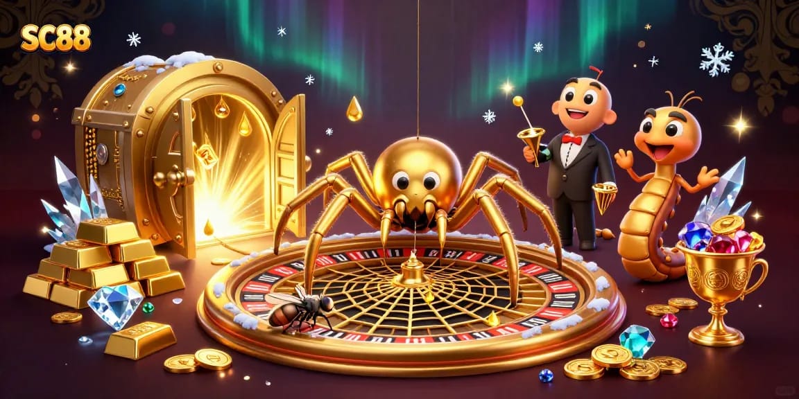 SC88 showcases a golden spider and centipede croupier amid swirling casino riches.